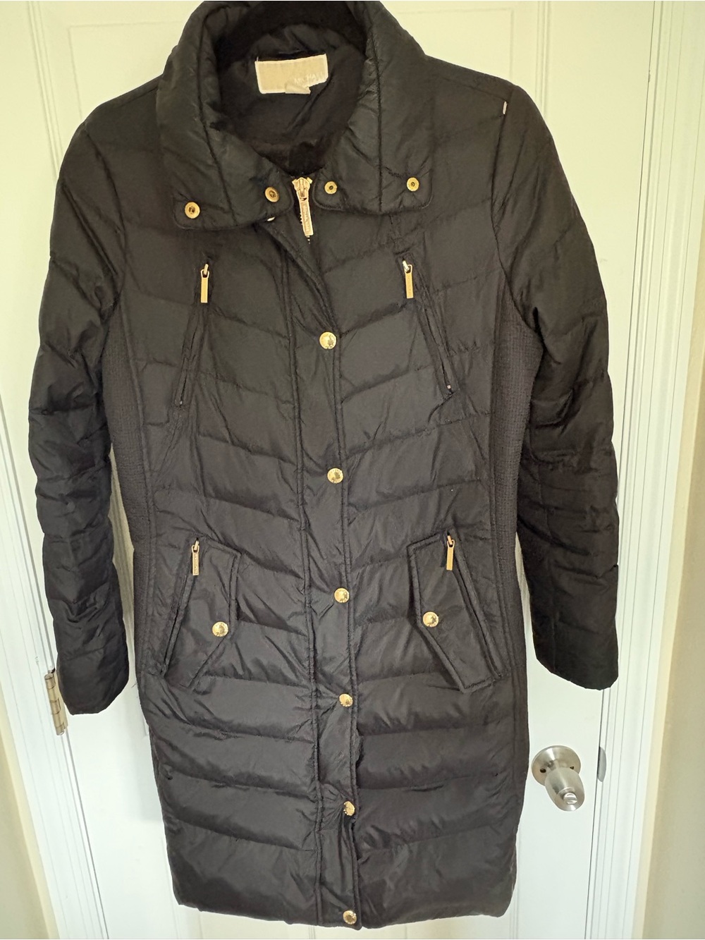 Michael Kors Black Quilted Long Puffer Coat with Gold Hardware